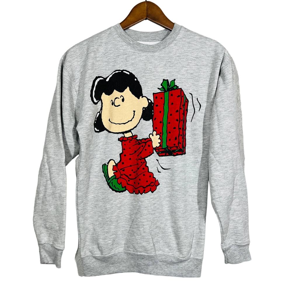Peanuts Lucy Christmas Sweatshirt Long Sleeve Gray Snoopy Holiday Classic - XS